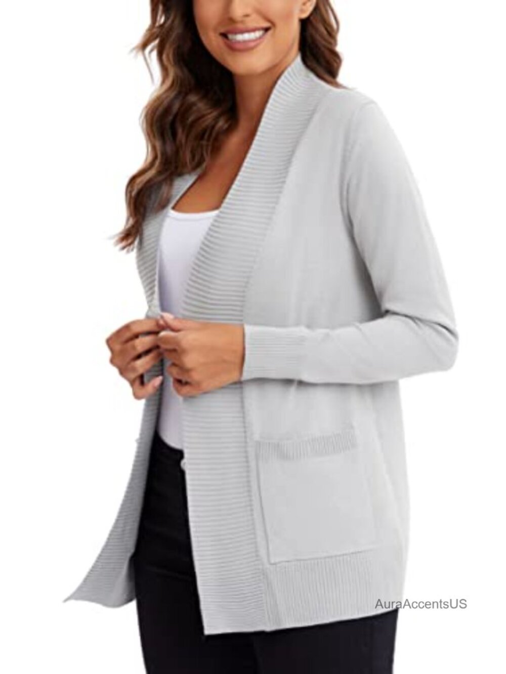 Lightweight Open Front Knit Cardigan Long Sleeve with Pocket - Picture 2 of 6